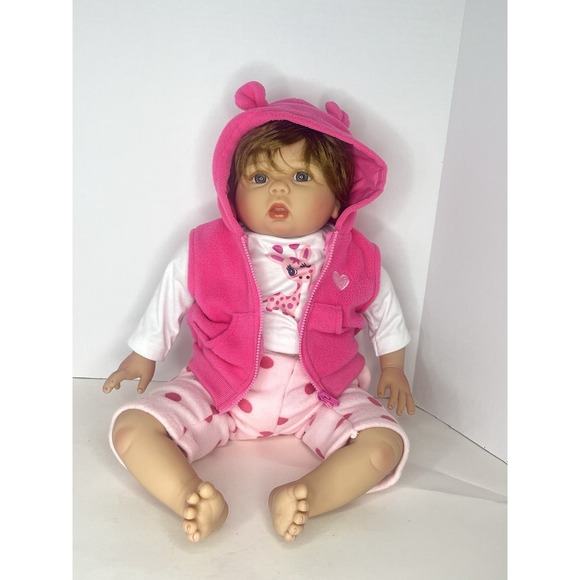Realistic Baby Doll 18–20" Soft Body Blue Eyes Brown Hair Wearing Aori Outfit - Picture 5 of 8
